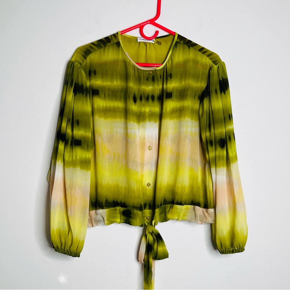 Calvin Klein Top Womens Multicolor Roud Neck Puff Sleeve Sheer Lined Blouse Sz S